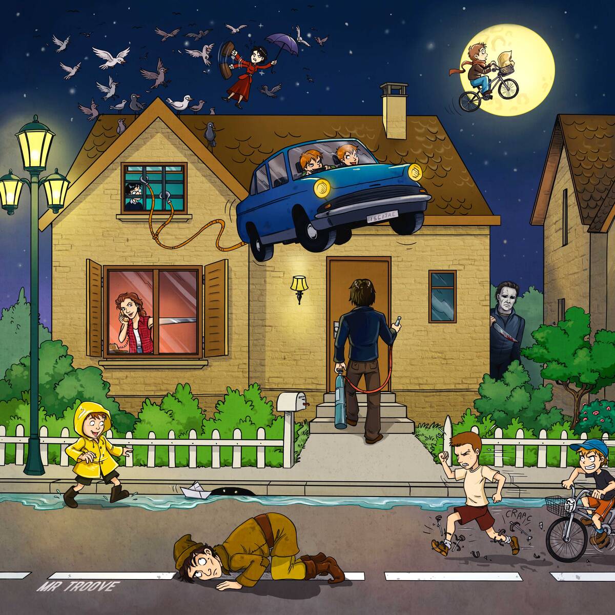 Quiz 10 films à trouver Le quartier résidentiel , avec E.T., l’extra-terrestre, Forrest Gump, Harry Potter et la chambre des secrets.