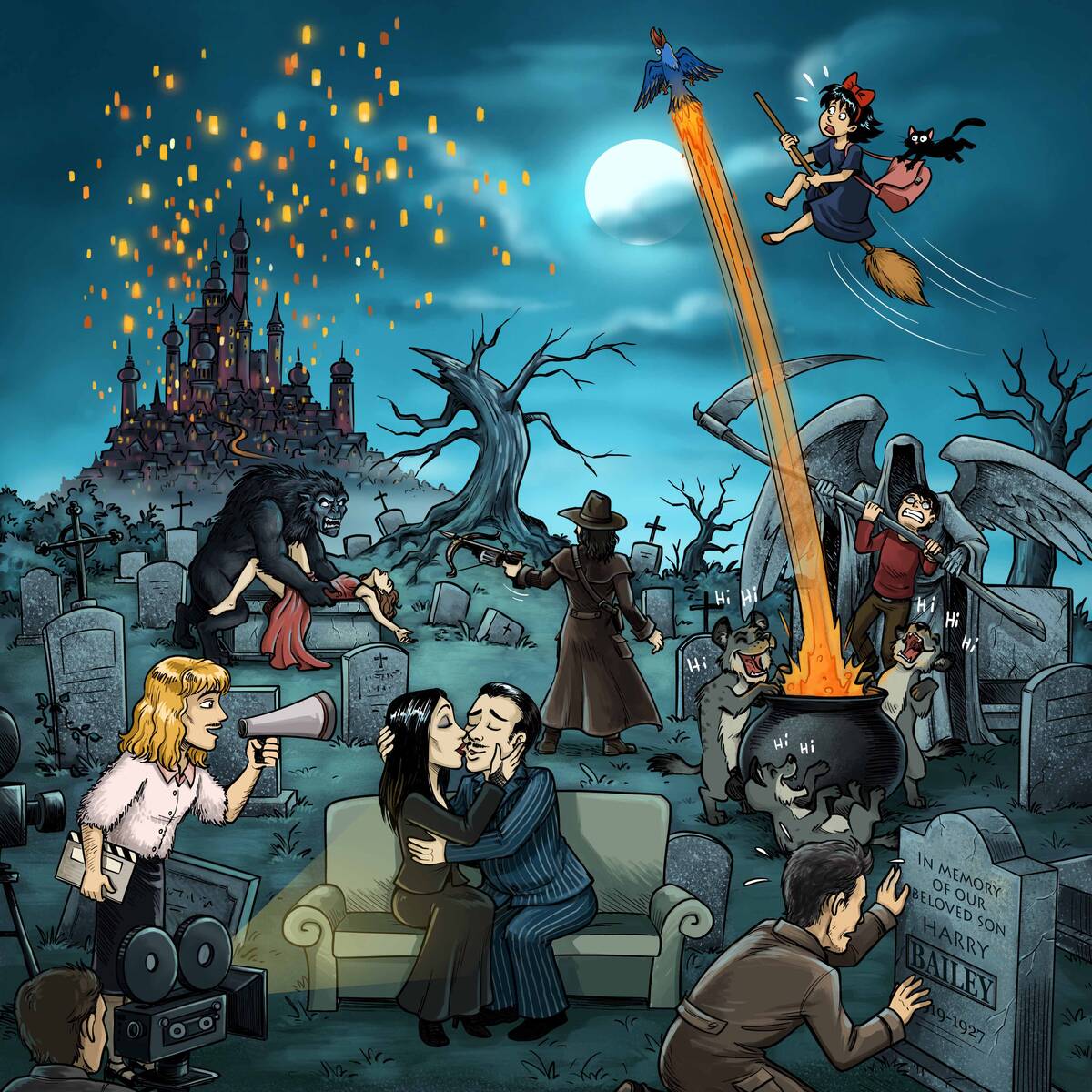 Quiz 10 films à trouver Cimetière , avec La famille Addams, Harry Potter et la coupe de feu, Sleepy Hollow.
