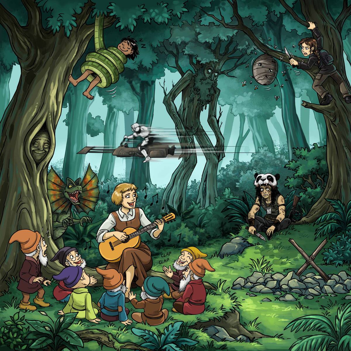 Quiz 10 films à trouver Forêt 2 , avec Le livre de la jungle, Tonnerre sous les tropiques, Le Seigneur des anneaux : Les Deux Tours.